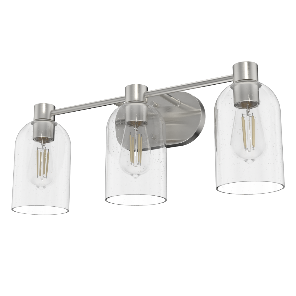 Hunter Lochemeade Brushed Nickel with Seeded Glass 3 Light Bathroom Vanity Wall Light Fixture