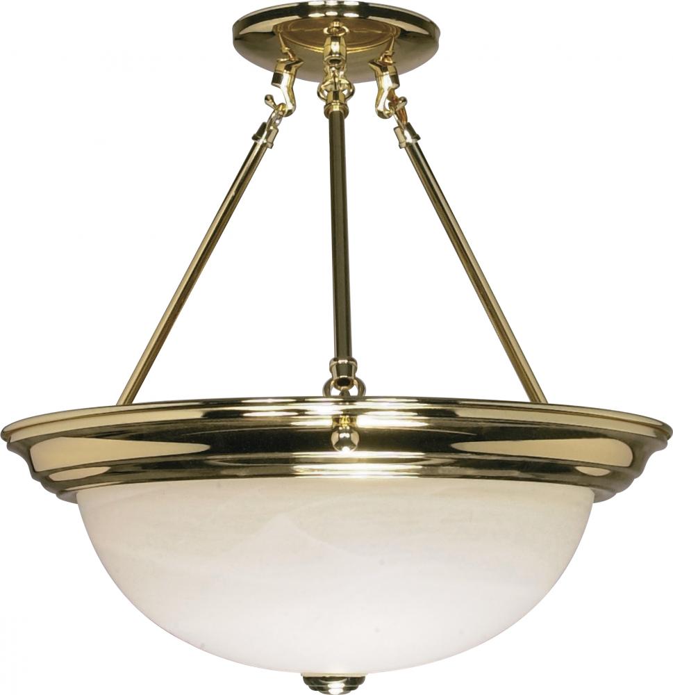 3-Light 15" Semi Flush Mount Lighting Fixture in Polished Brass Finish with Alabaster Glass